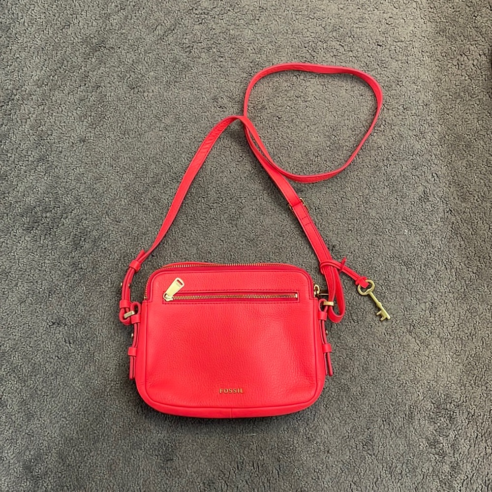Bright coral pink red Fossil leather crossbody